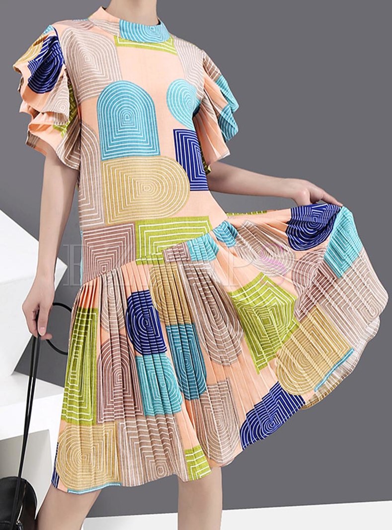 Flare Sleeve Geometric Print Pleated Dress
