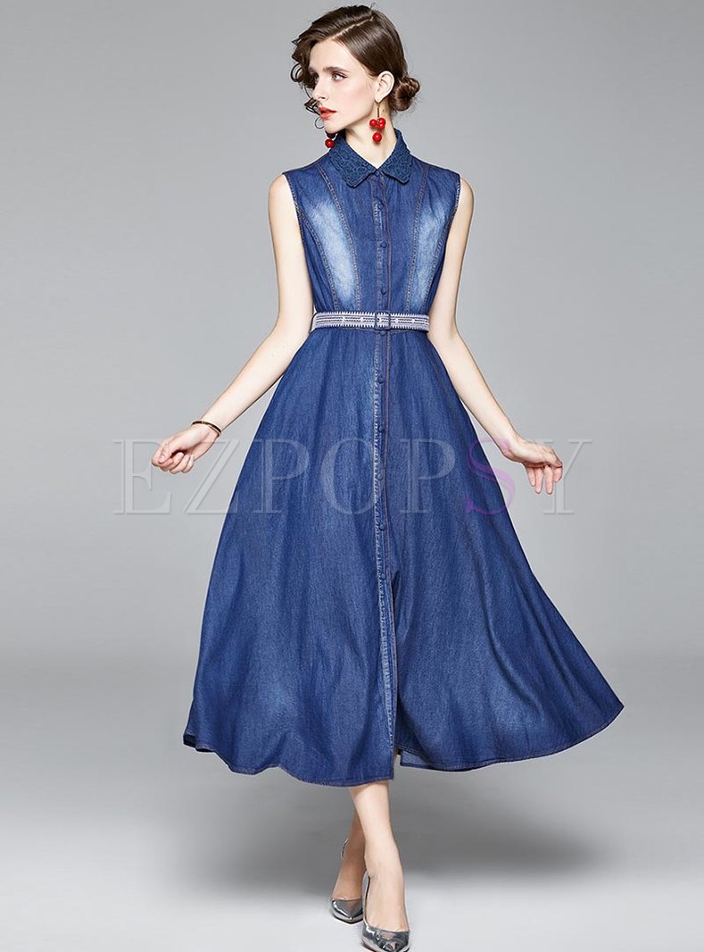Blue Lapel Sleeveless Belted Denim Maxi Dress