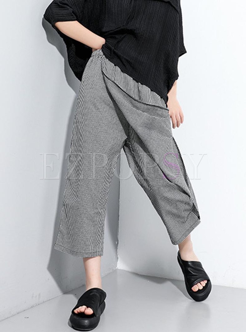  Elastic High Waisted Plaid Straight Cropped Pants