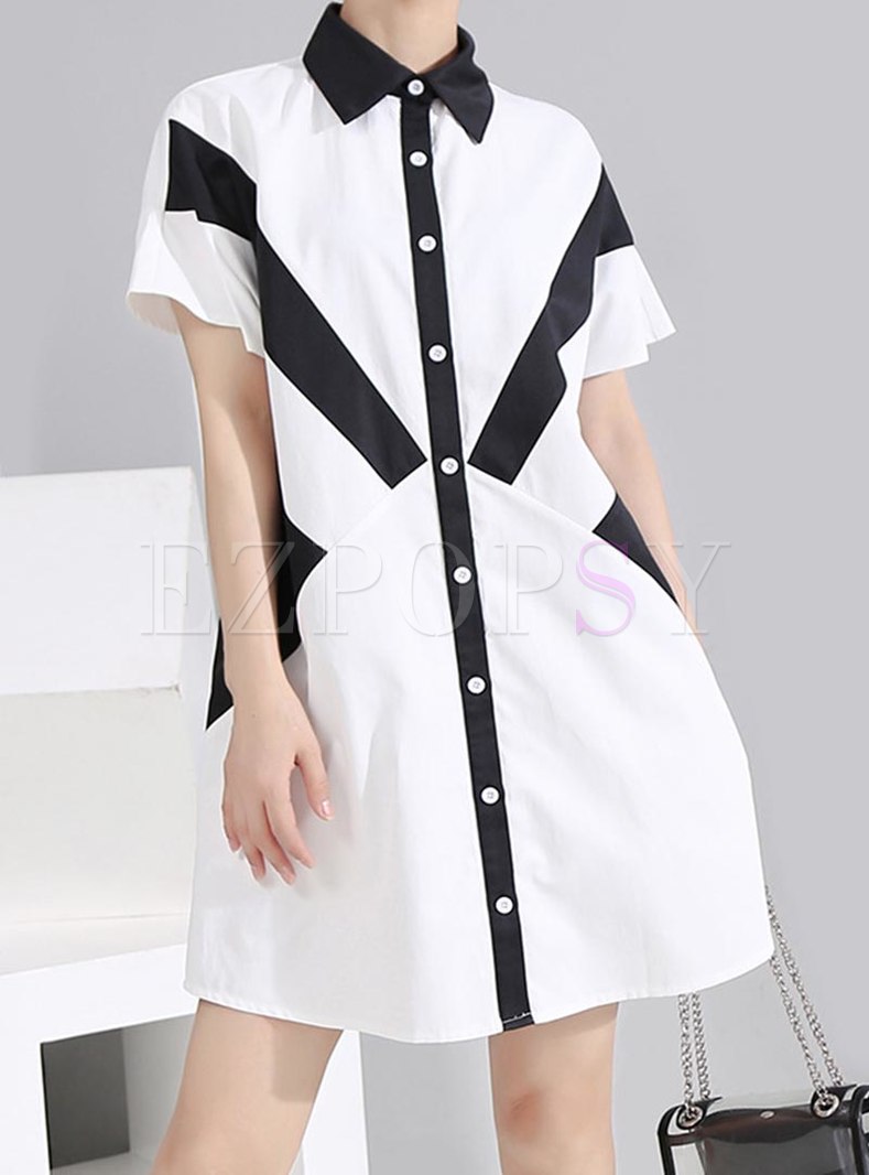 Color Block Lapel Single-breasted Loose Shirt Dress