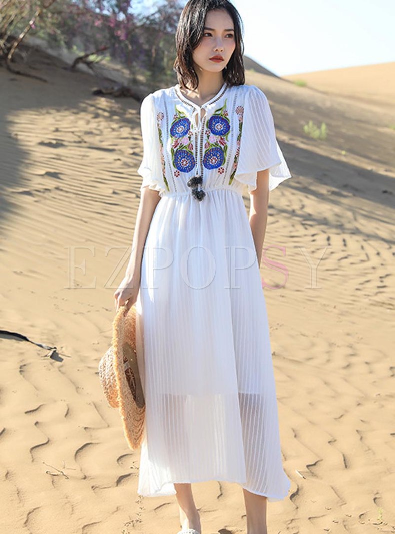 Flared Sleeve Embroidered Pleated Beach Dress