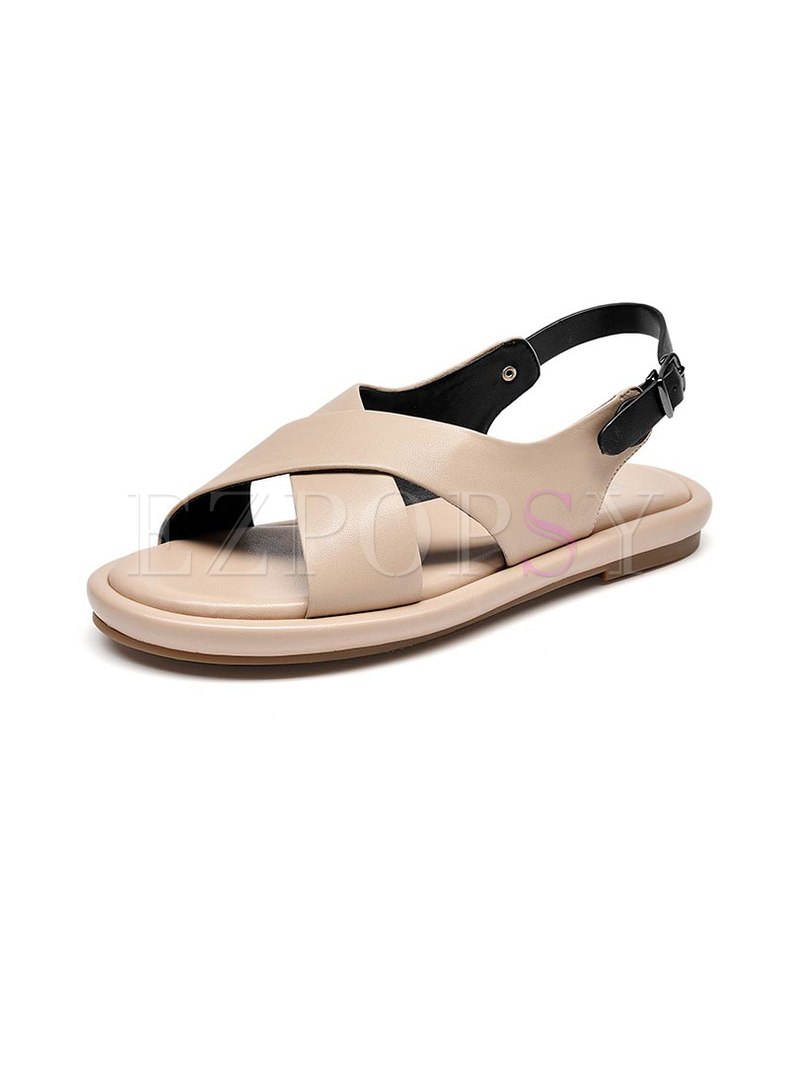 Rounded Toe Cross Leather Flat Sandals