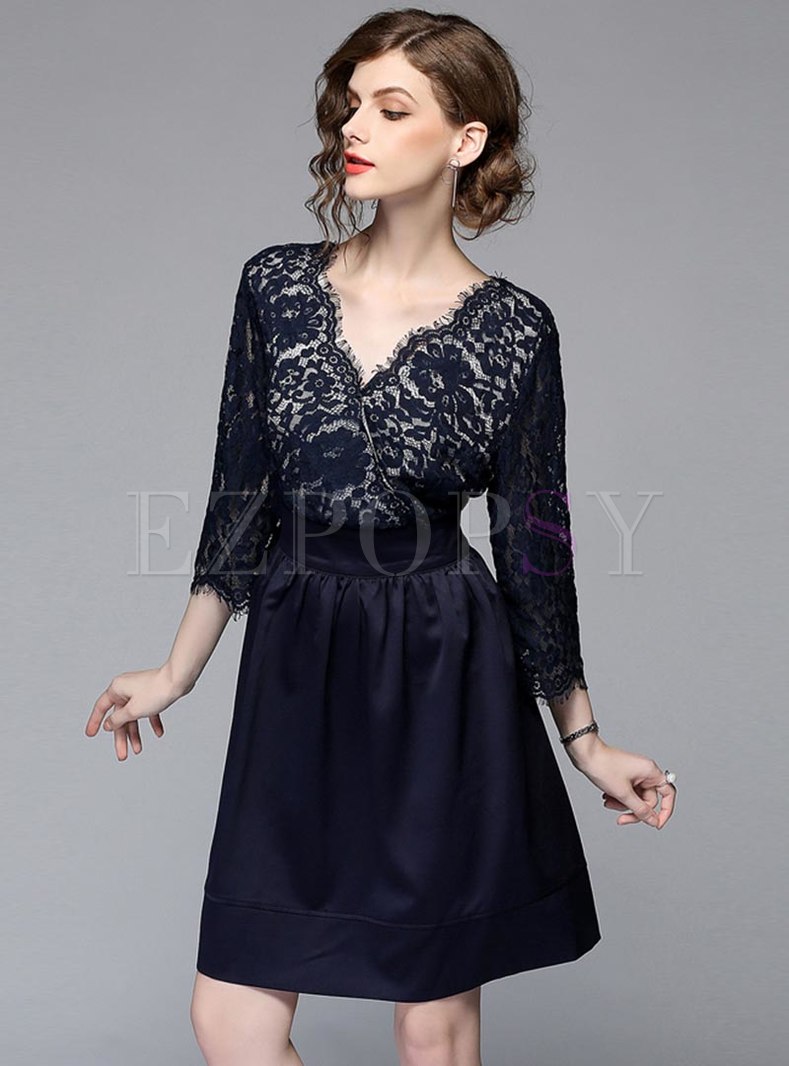 Solid Color Lace Openwork A Line Dress