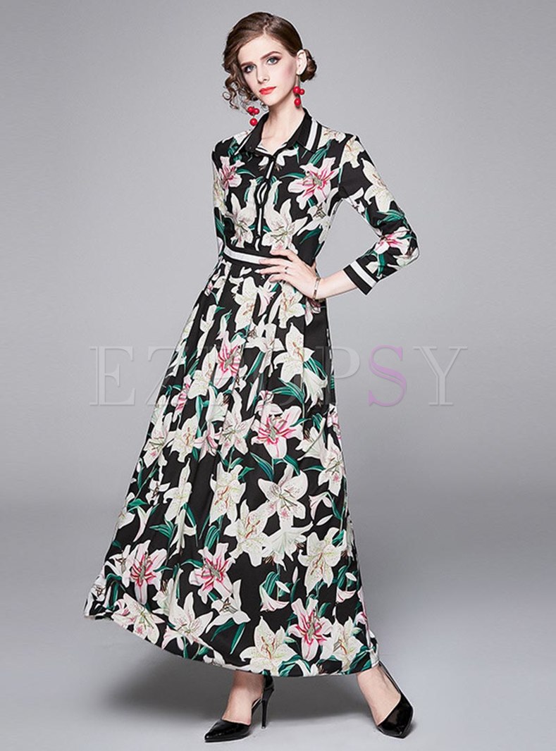 Dresses | Maxi Dresses | Lapel Long Sleeve Print Big Hem Maxi Dress