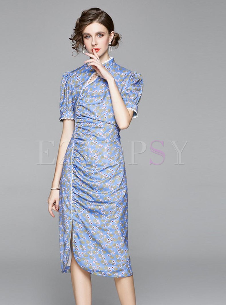 Dresses | Bodycon Dresses | Mandarin Collar Floral Improved Cheongsam Dress