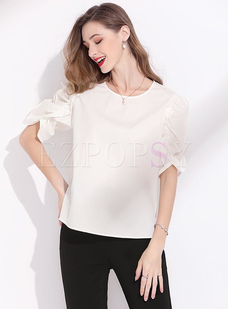 White Pullover Ruched Short Sleeve T-shirt