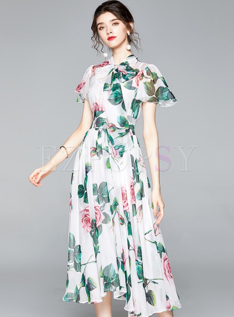 Dresses | Maxi Dresses | Bowknot Mock Neck Print Chiffon Maxi Dress