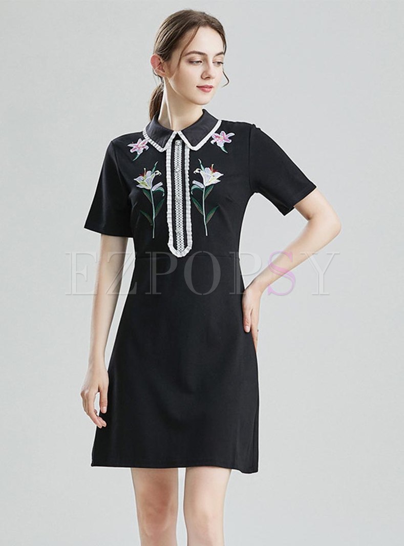 Black Lapel Embroidered Skater Mini Dress