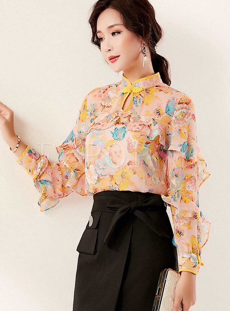 Tops | Blouses | Mandarin Collar Print Ruffle Chiffon Blouse