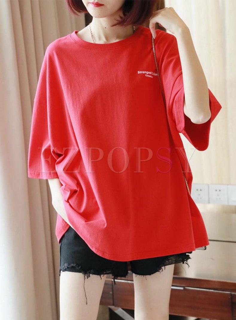 Letter Print Loose Pullover Cotton T-shirt