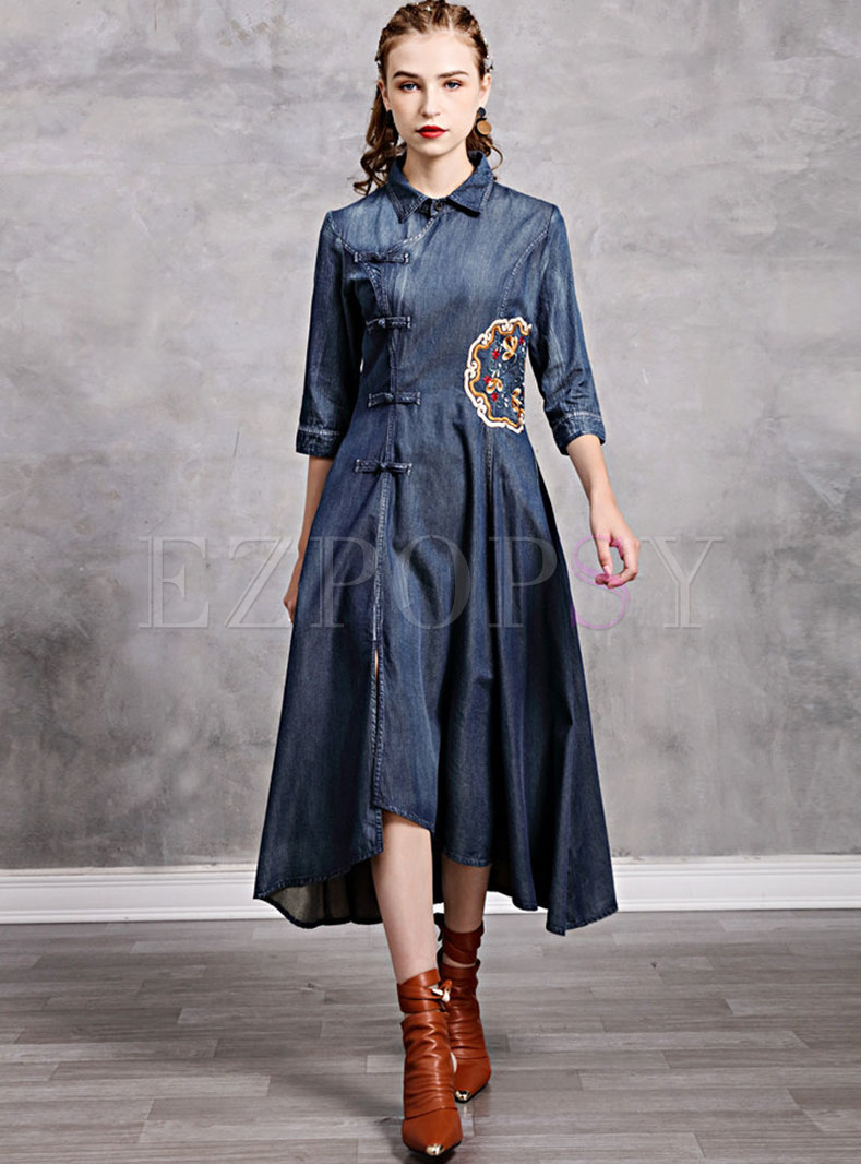 Dresses | Maxi Dresses | Lapel Embroidered Denim Maxi Dress