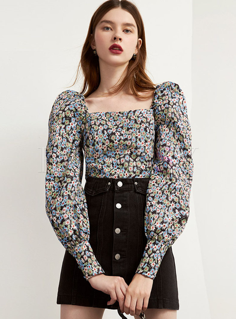 Square Neck Floral Pullover Cropped Blouse