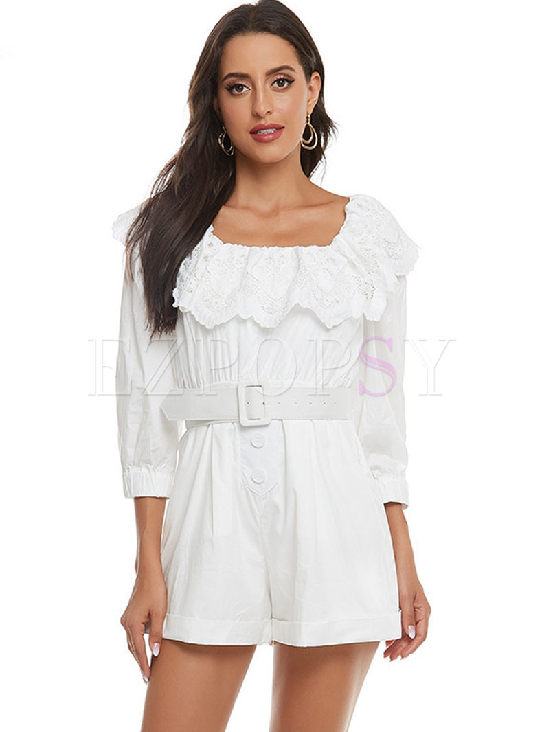 Lace Patchwork High Waisted Belted Rompers