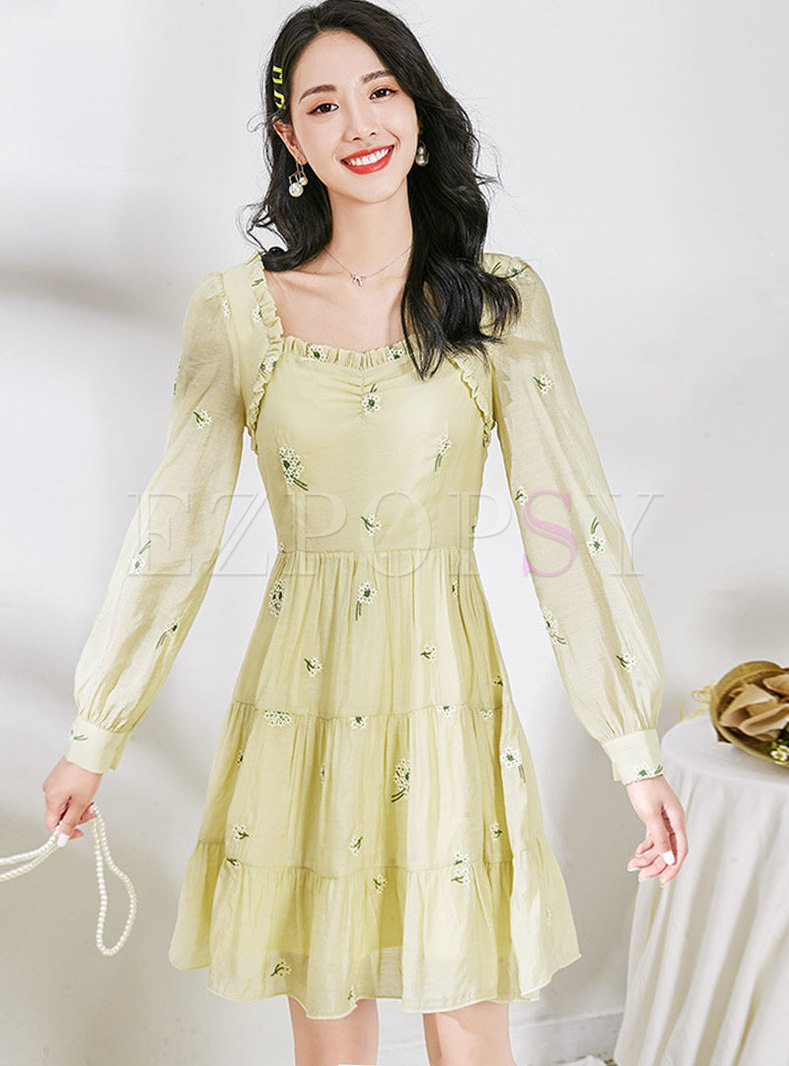 Long Sleeve Embroidered A Line Skater Dress