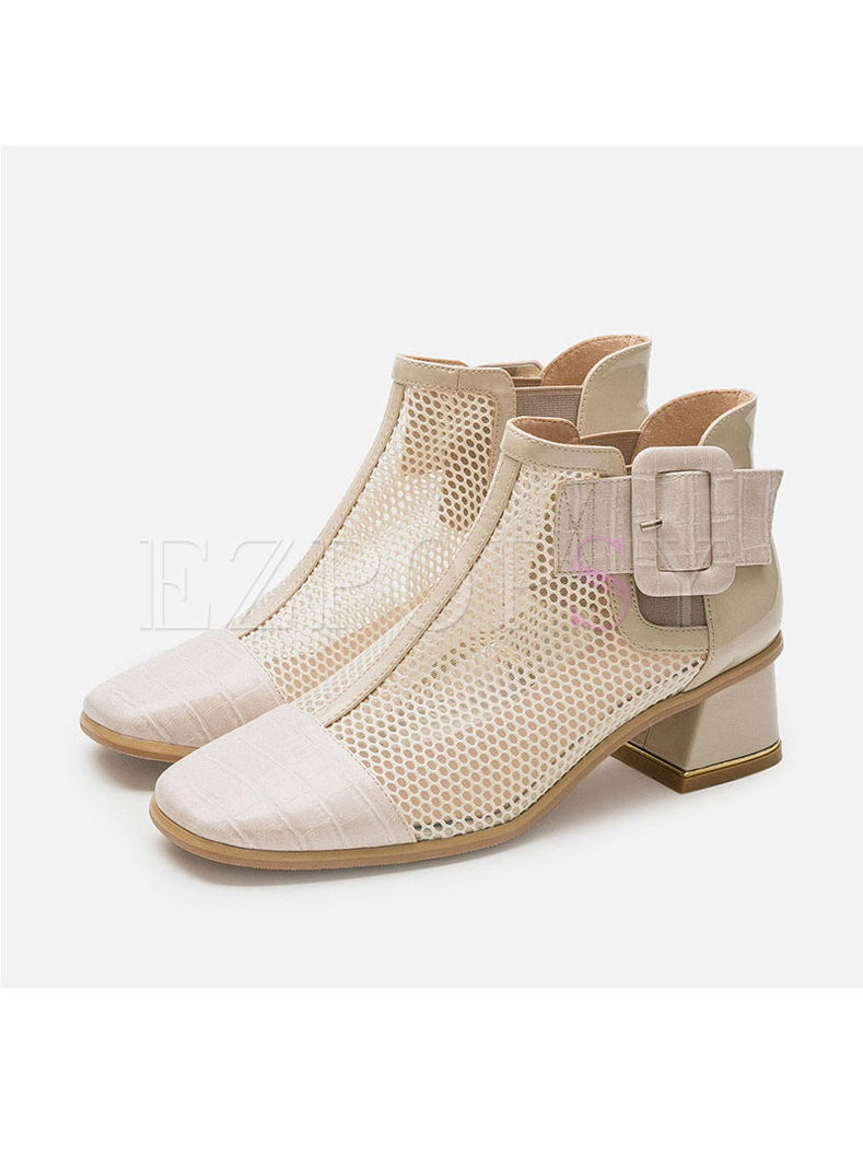Square Toe Chunky Heel Openwork Ankle Boots