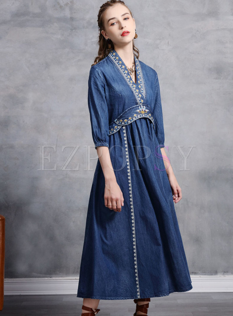 Dresses | Maxi Dresses | Blue V-neck Embroidered Denim Maxi Dress
