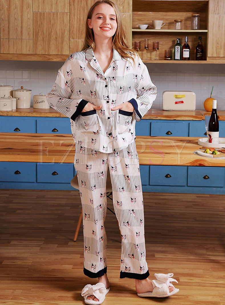 Color Block Cat Print Long Pajama Set