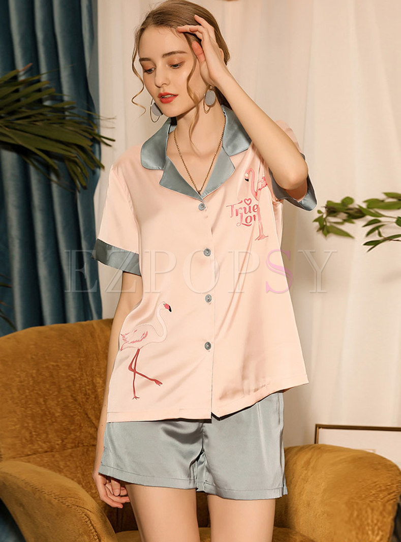 Color Block Flamingo Shorts Pajama Set