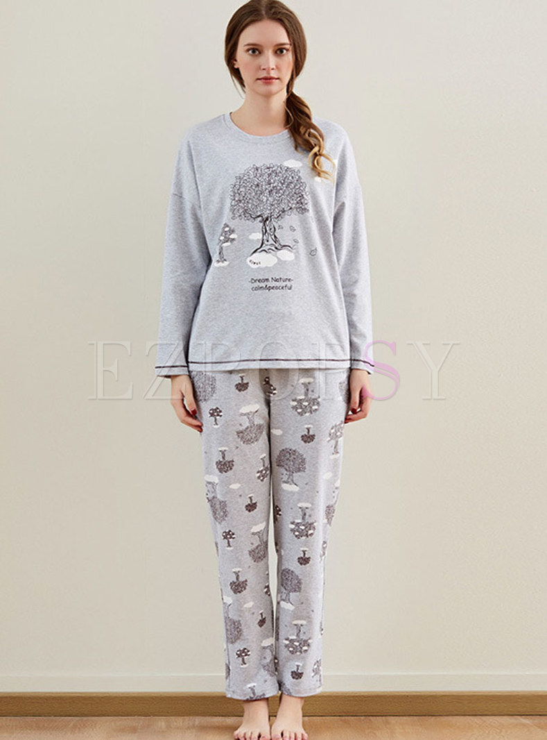 Grey Casual O-neck Long Pajama Set