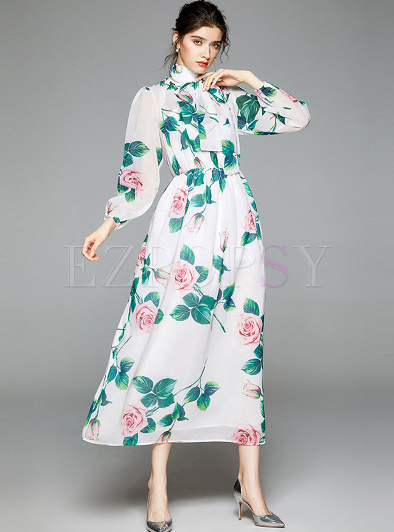 Dresses | Maxi Dresses | Lantern Sleeve Bowknot Print Maxi Dress