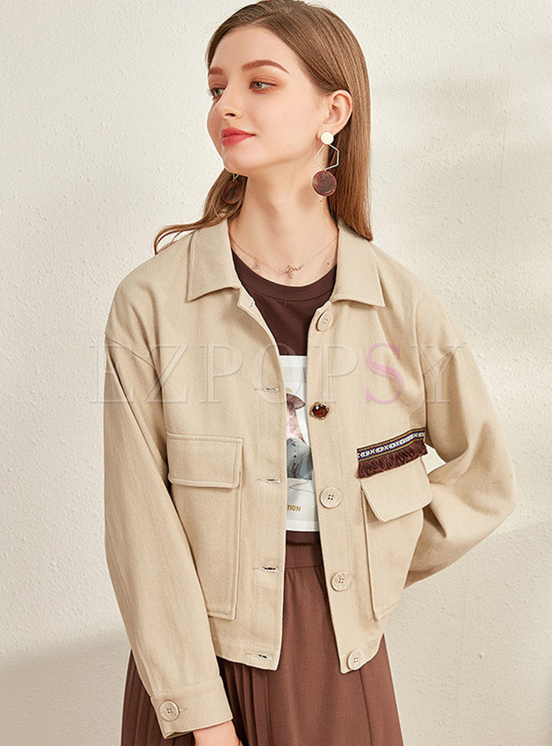 Turn Down Collar Short Jacket With Pockets