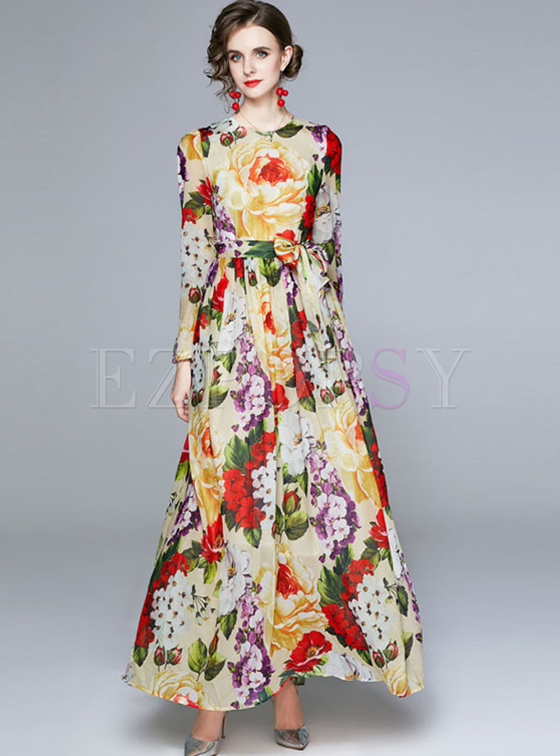 Dresses | Maxi Dresses | Boho Long Sleeve Print Chiffon Maxi Dress