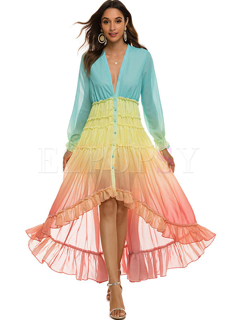 Boho Deep V-neck Color-blocked Beach Maxi Dress