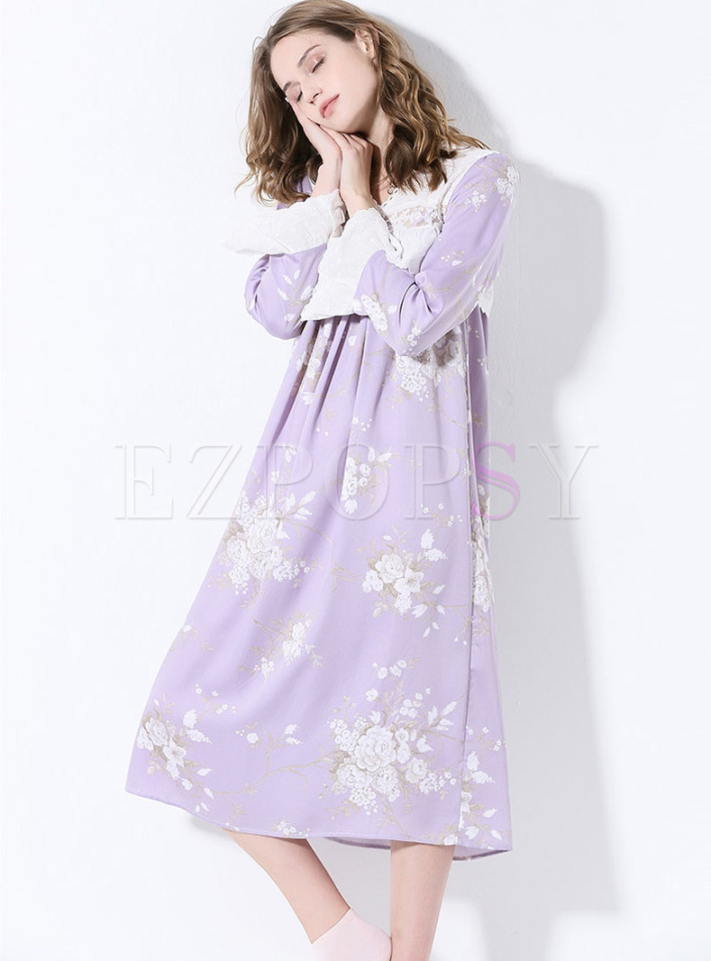 Print Lace Patchwork Loose Midi Nightgown