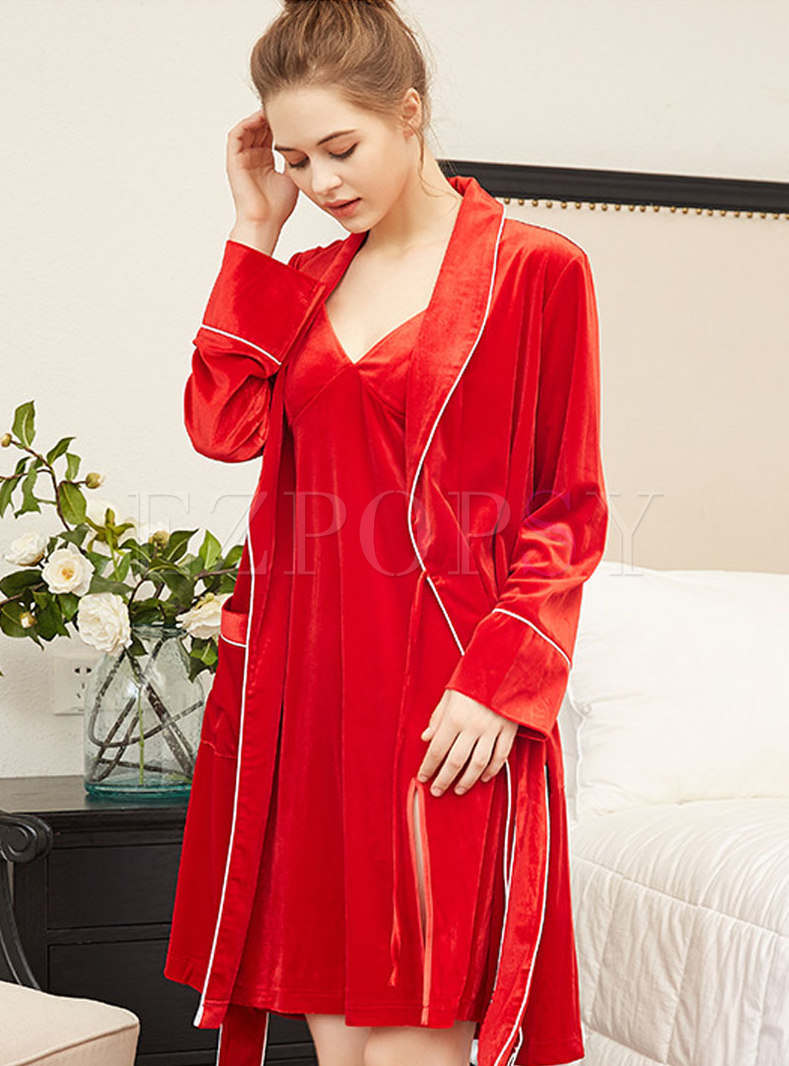 Sleepwear | Nightgowns & Robes | Lapel Loose Velvet Wrap Robe With Pockets