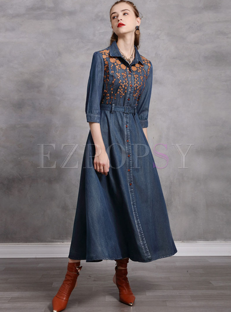 Dresses | Maxi Dresses | Embroidered A Line Half Sleeve Denim Dress