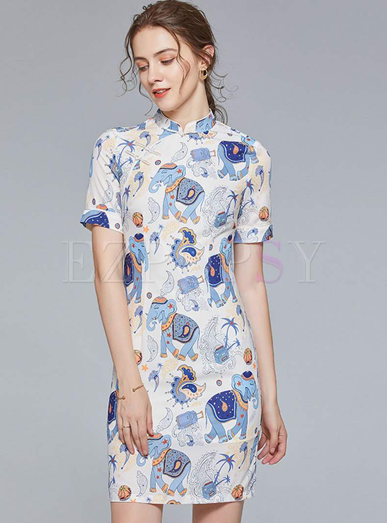 Mandarin Collar Print Mini Bodycon Dress