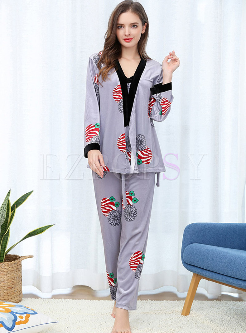 Color-blocked Velvet Print Casual Pajama Set