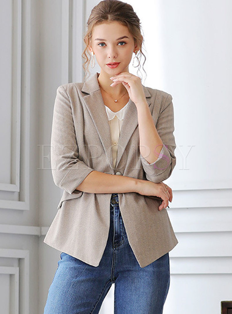 Notched 3/4 Sleeve Office Blazer With One Buttoned