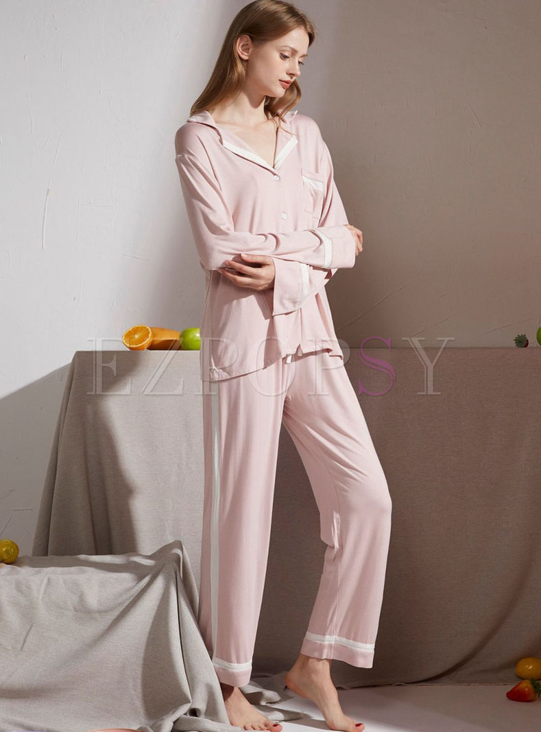 Color-blocked Lapel Long Sleeve Pajama Set