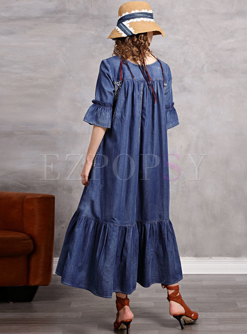 Comvison Autumn Winter Half Sleeve Maxi Denim Dress Plus Size A Line  Embroidery Dresses (Style: Half Sleeve Size: Xs) Blue : : Clothing,  Shoes & Accessories