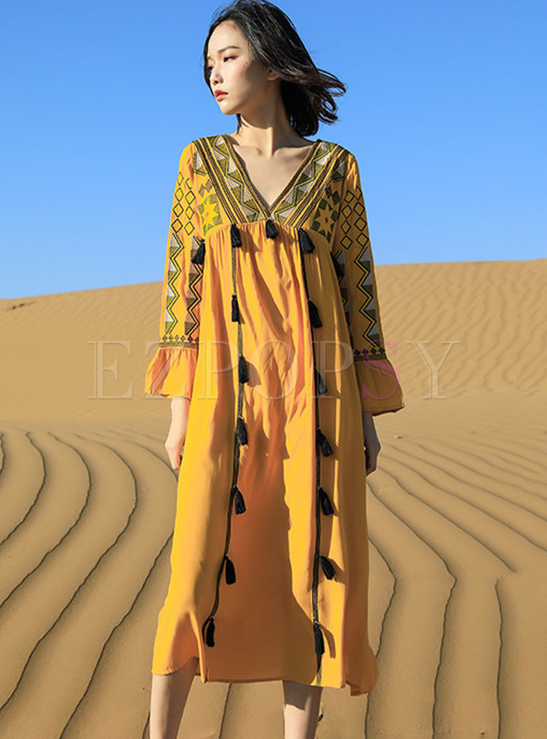 V-neck Embroidered Long Sleeve Beach Dress