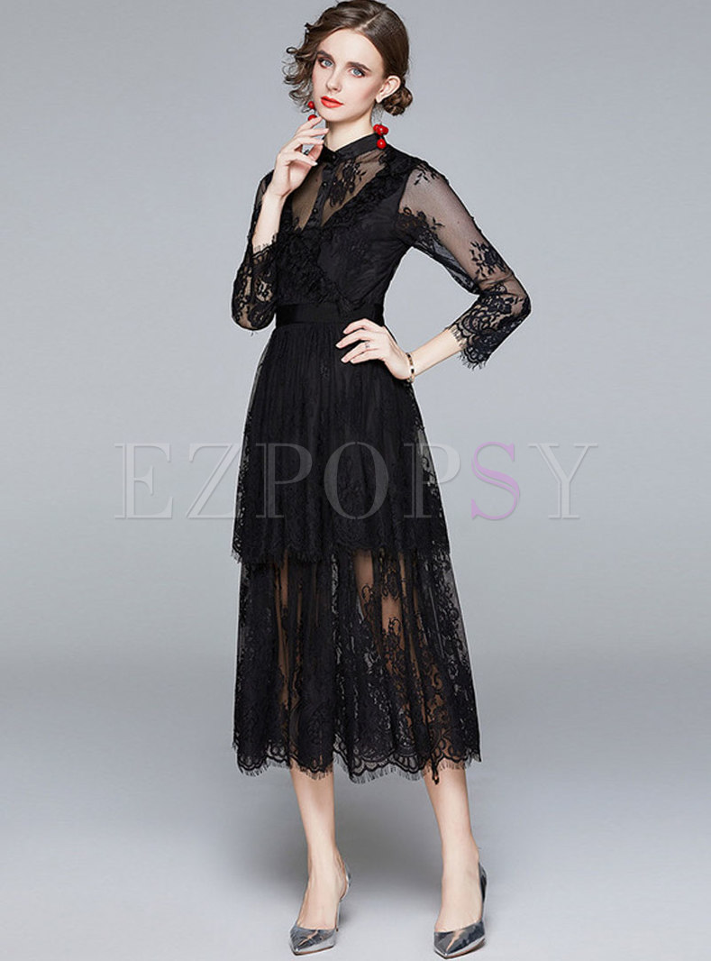 Dresses | Maxi Dresses | Black Mock Neck Mesh Lace Maxi Dress