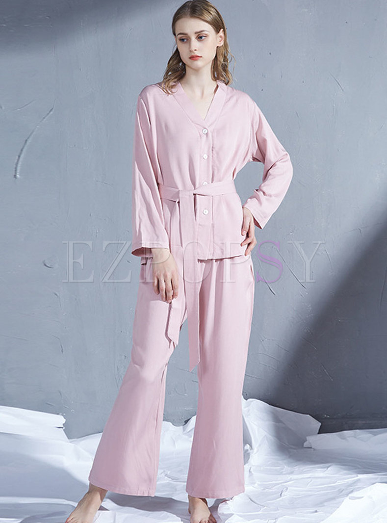 Pink V-neck High Waisted Loose Pajama Set