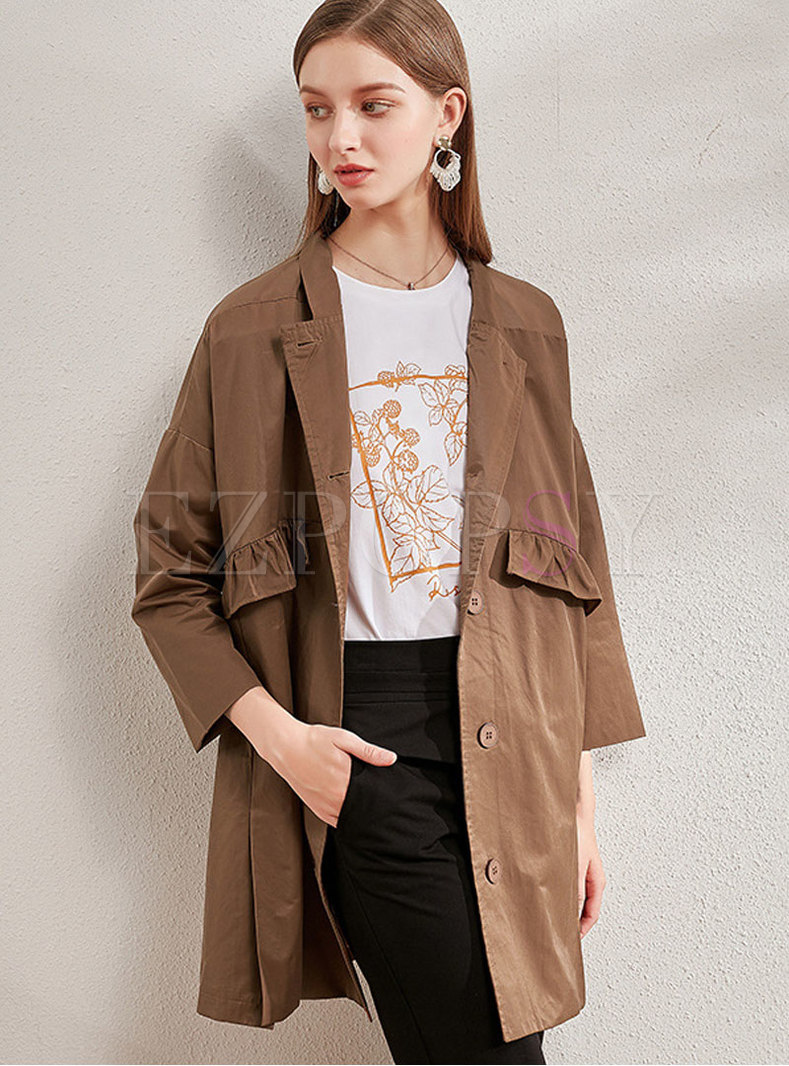 Lapel Ruffle Patchwork Straight Trench Coat