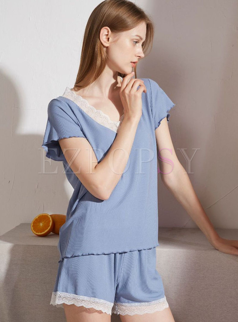 Color-blocked V-neck Short Sleep Pajama Set