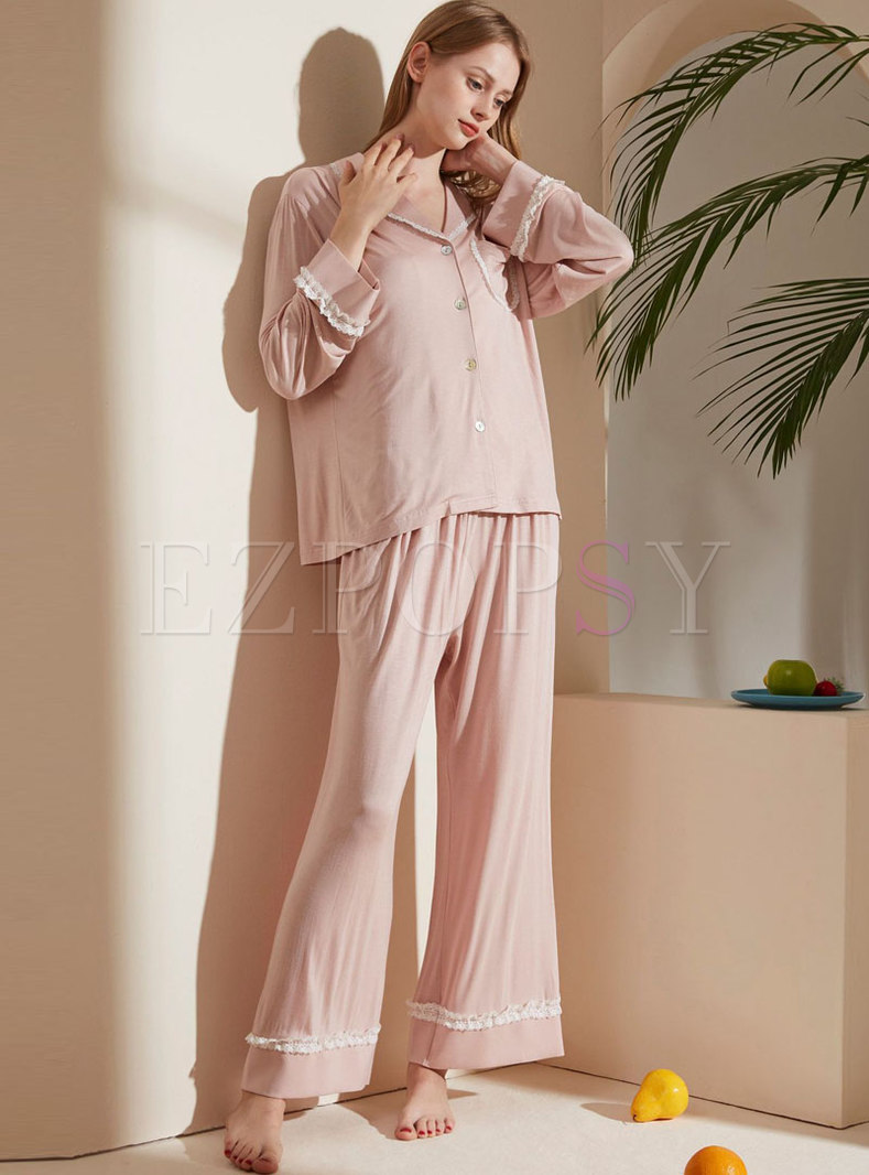 Pink Sweet Long Sleeve Wide Leg Pajama Set