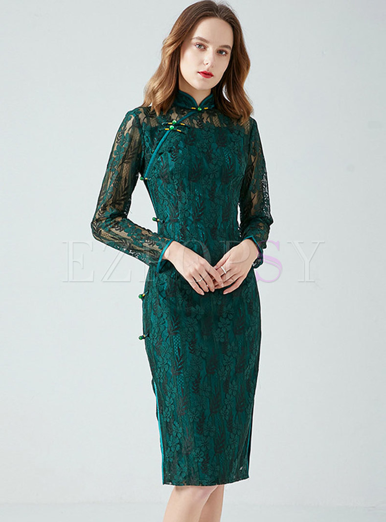 Mock Neck Transparent Lace Cheongsam Dress