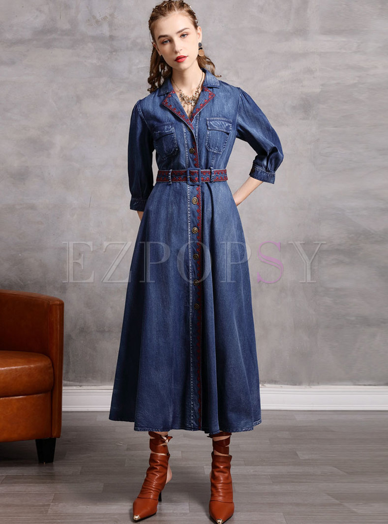 Notched Collar Embroidered Denim Long Dress