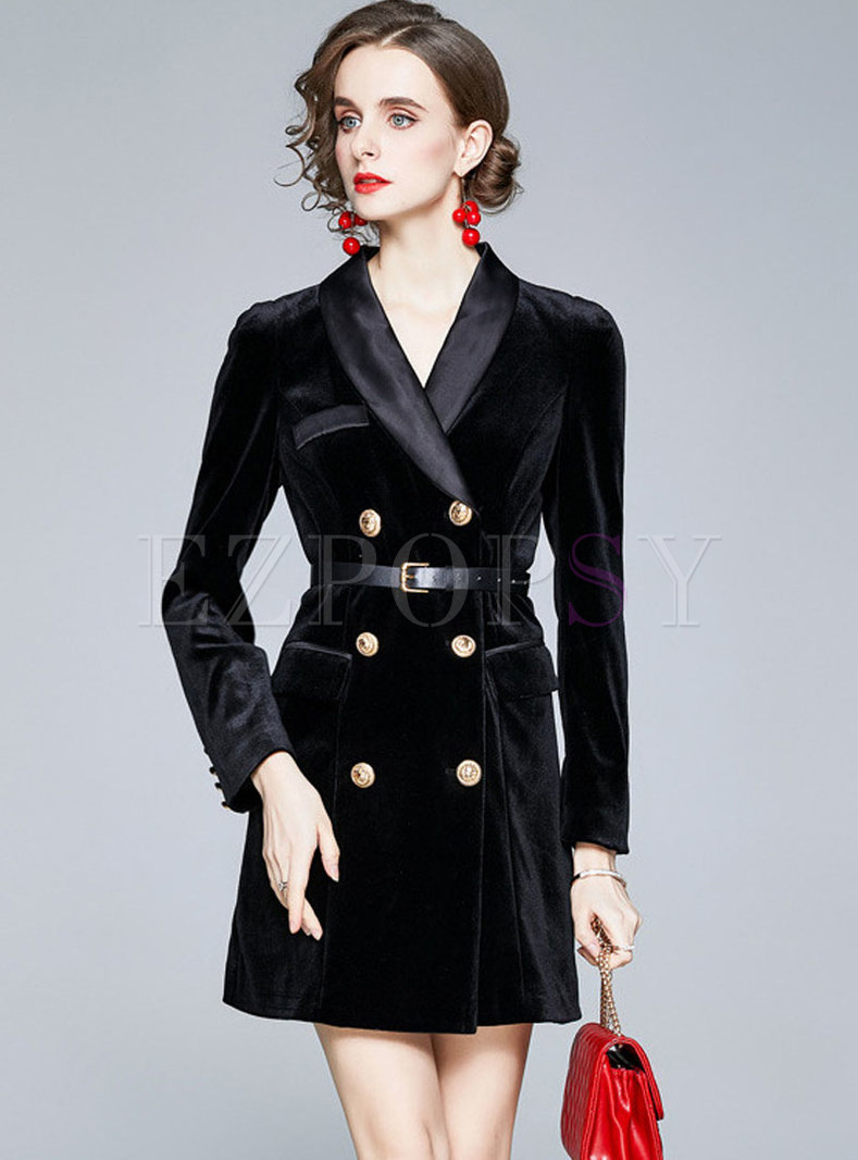 Dresses | Skater Dresses | Lapel Double-breasted Velvet Coat Dress