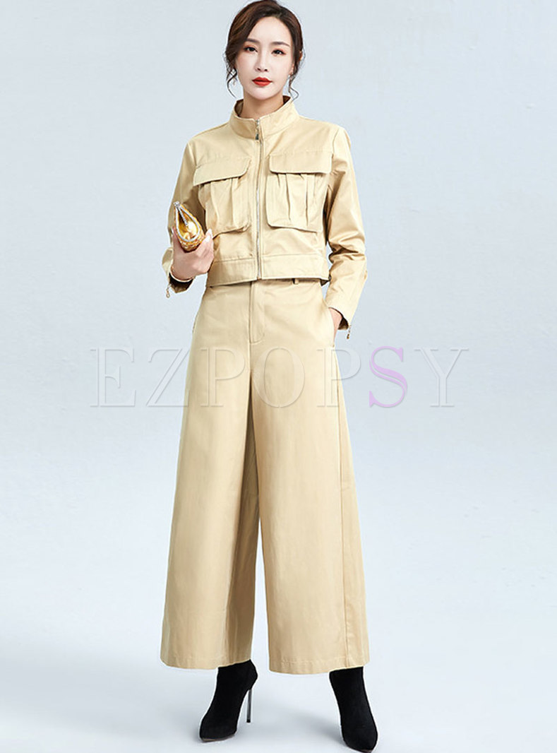 Stand Collar Casual Wide Leg Cargo Pant Suits