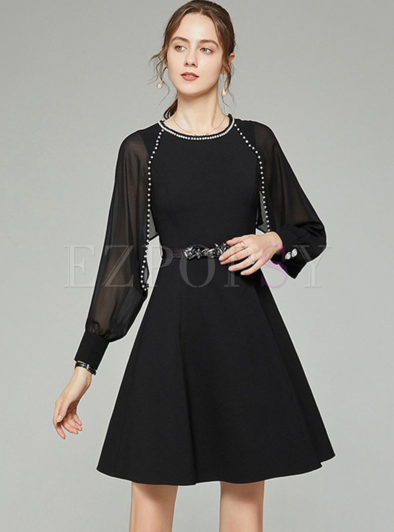 Beaded Black High Waisted Knee-length Dress