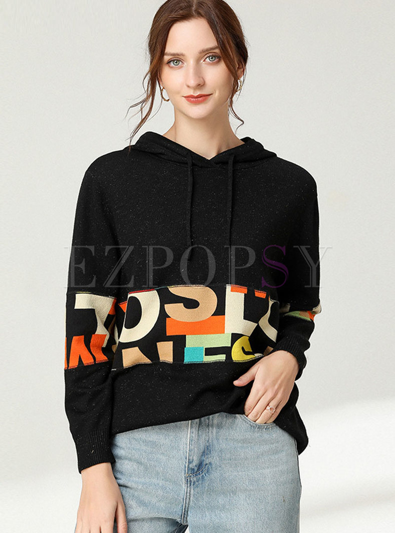 Tops | Sweaters | Hooded Letter Print Pullover Sweater