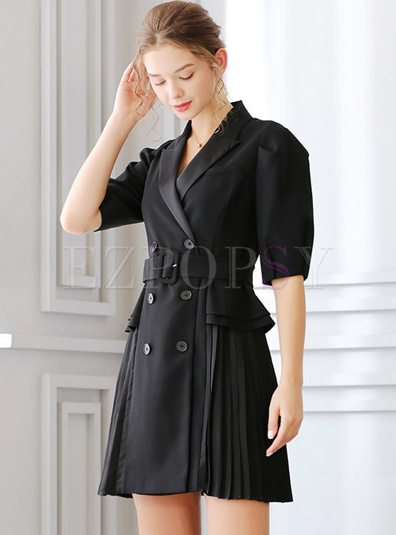 Black Notched Puff Sleeve Pleated Mini Dress