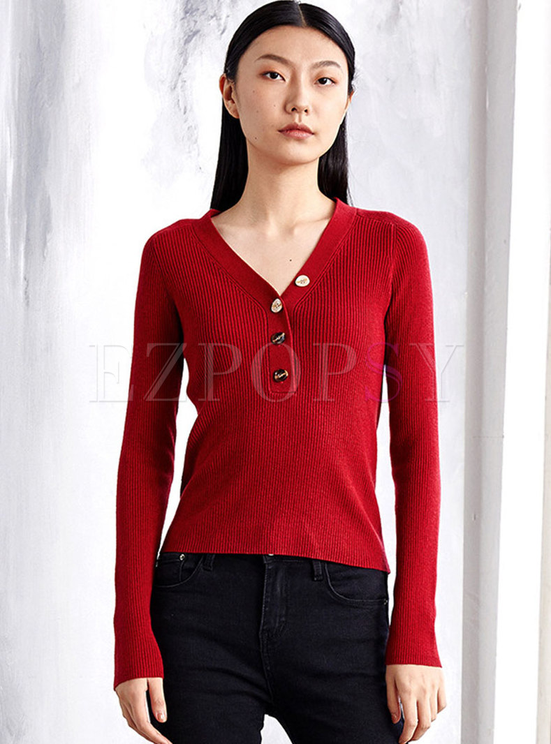 V-neck Pullover Buttoned Pure Color Sweater
