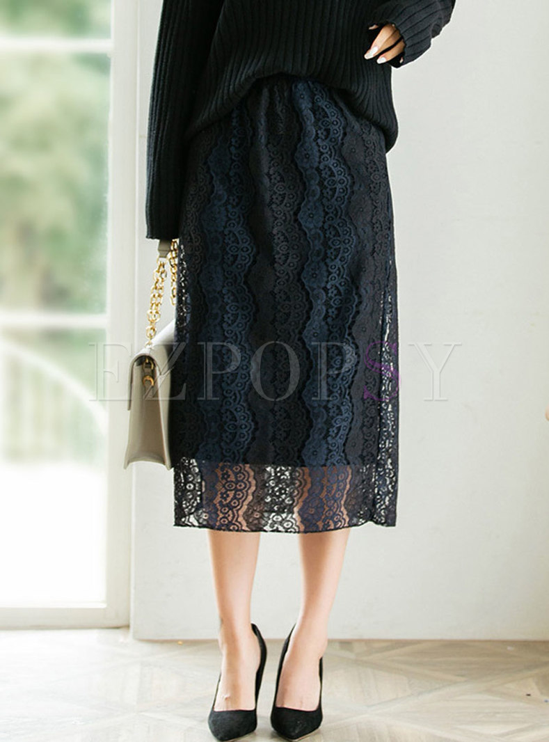 High Waisted Lace A Line Knitted Midi Skirt